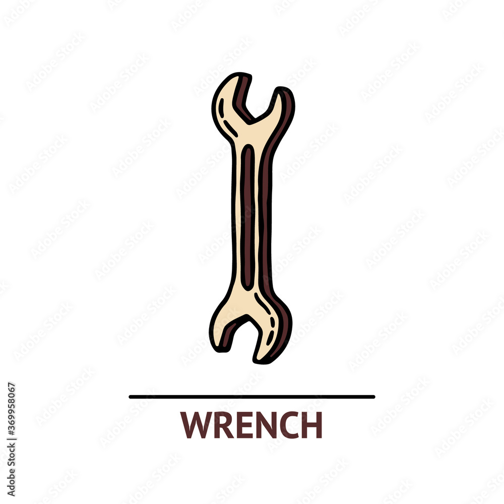 Hand drawn wrench icon. Professional labor construction tool with beige and brown colors Hand drawn wrench icon. Professional labor construction tool with beige and brown colors