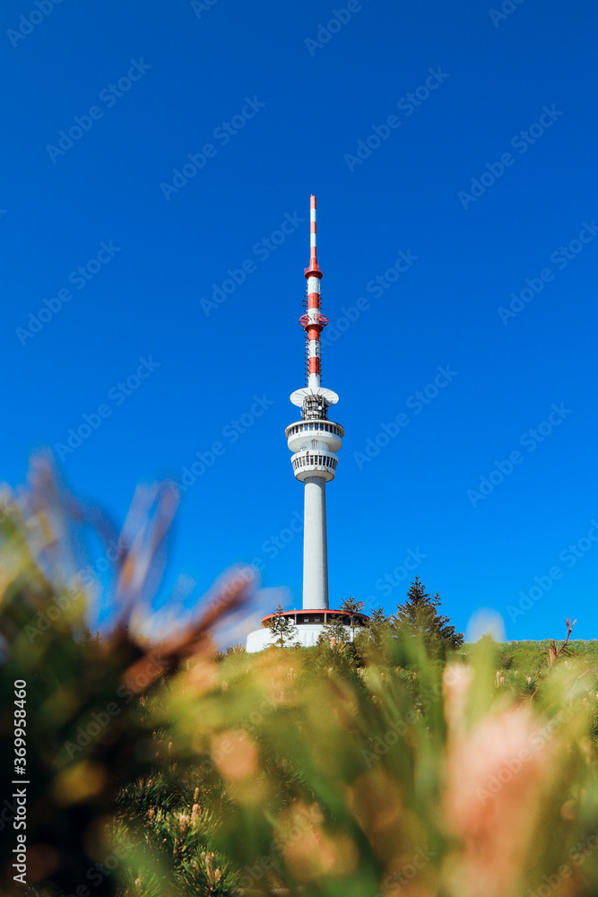 Obraz premium Praded lookout tower and television transmitter - the highest mountain of Hruby Jesenik in northern Moravia in the Czech Republic. Beautiful circular tower with a height of over 100m