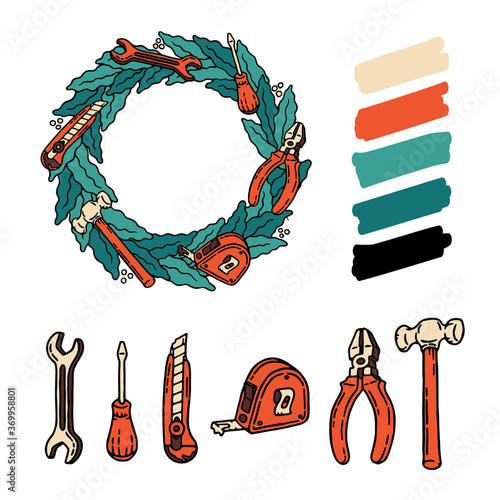 Professional labor builder and worker day set. Work Day. Hand drawn blue and green wreath with the set of construction tools with screwdriver, office knife, spanner, hammer, tape measure and pliers