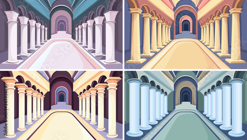 Collection of castle interiors. Palace halls with columns.