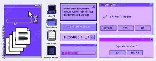 Old user interface windows, retro message box with buttons. Vaporwave and retrowave style elements.