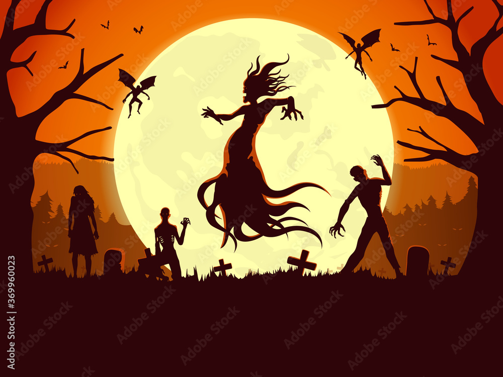 Silhouette of flying evil spirit and devil in the graveyard in full moon night. Concept Illustration about zombie ghost and fantasy.