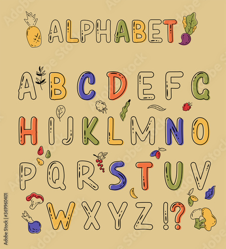 Vector abstract hand drawn alphabet. Colorful vegetable alphabets for advertisement, promotion. For cafe and restaurant menu. Isolated vector illustration.