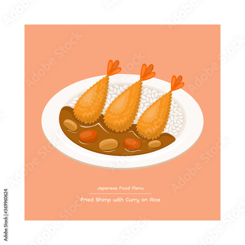 Illustration vector cartoon of shrimp deep fried with curry sauce on rice plate. Japanese food dish menu concept