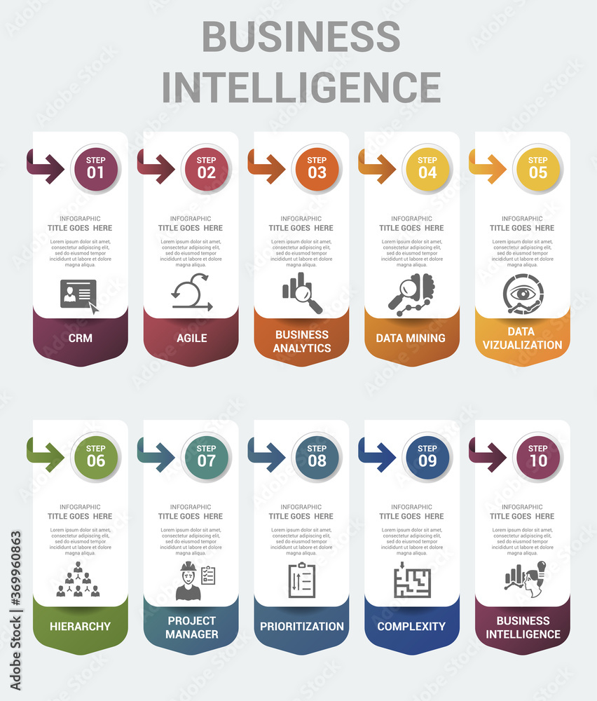 Infographic Business Intelligence template. Icons in different colors. Include Crm, Agile, Business Analytics, Data Mining and others.