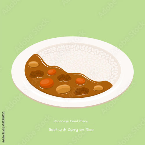 Illustration vector cartoon of beef meat stew or curry on rice plate. Japanese food dish menu concept