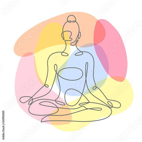 Woman yoga continuous one line vector illustration. Keeping fit, training body and mind lineart. Overlapping paint, color splashes background. Healthy lifestyle, care wellbeing. Girl relaxing.