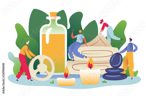 Spa Composition with Bottle of natural Oil, Stones, Towels and Candles. Tiny persons Concept with relaxation Massage Therapy. Vector flat illustration for Website Landing Page, Web Page.