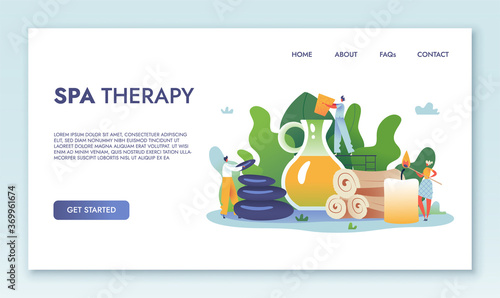 Spa Therapy Landing Page. Tiny Male and Female Characters among SPA Accessories. Bottle Oil Stones Towel Candles Washcloth. Web Page Banner. Cartoon Flat Character Vector Illustration