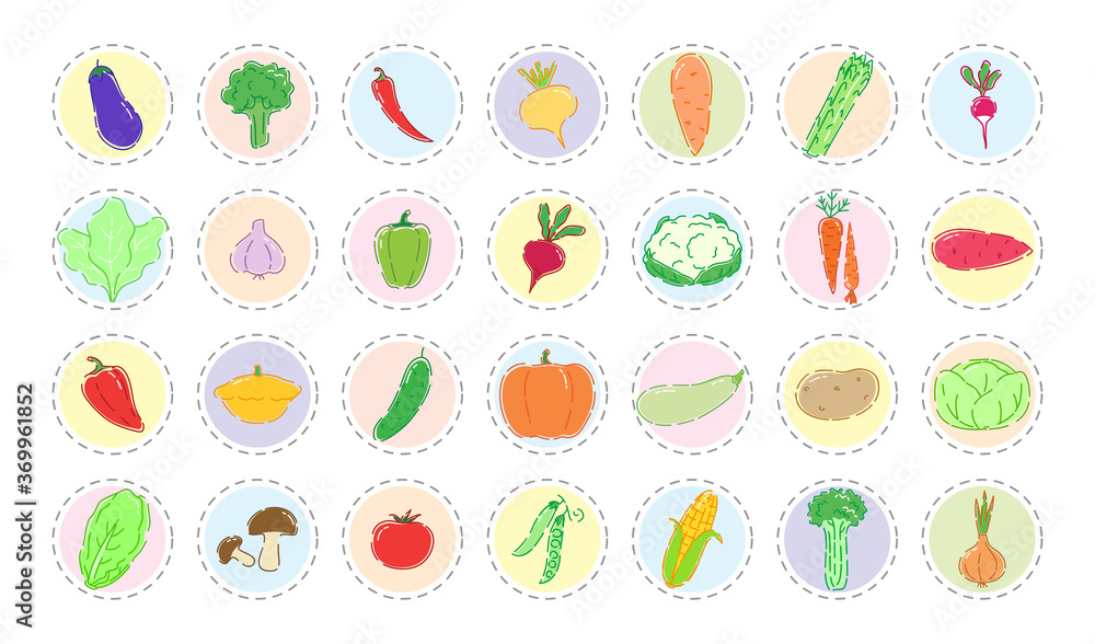 Collection of stickers with vegetables. For pins, badges, fashion embroidery, temporary tattoos, element in healthy lifestyle design. Collection of stickers with vegetables. For pins, badges, fashion embroidery, temporary tattoos, element in healthy lifestyle design.