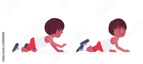 Toddler child, black little boy enjoying crawling. Cute sweet happy healthy baby aged 12 to 36 months, wearing comfortable summer outfits, kid clothes. Vector flat style cartoon illustration
