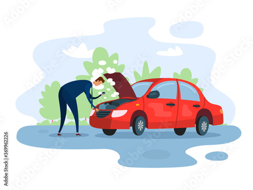 Breakdown of the car. The businessman is trying to fix his vehicle. Isolated vector illustration of a broken red car on the road.