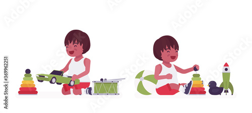 Toddler child, black little boy enjoying play with toys. Cute sweet happy healthy baby aged 12 to 36 months, wearing comfortable summer outfits, kid clothes. Vector flat style cartoon illustration