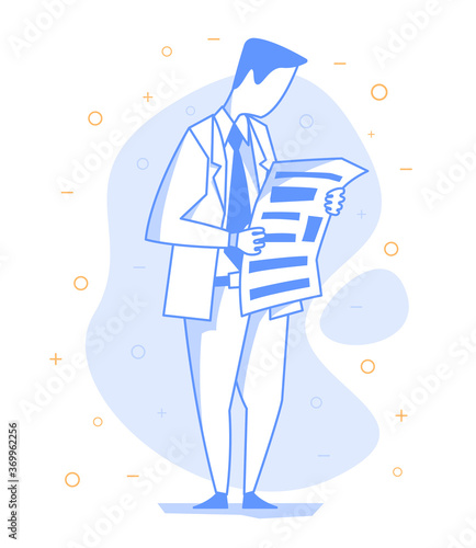 Serious businessman reading a newspaper. Vector illustration of a standing office clerk in flat line style.