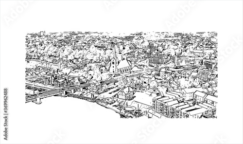 Building view with landmark of Sonderborg is a center for trade, tourism, industry, and education in the region of Southern Denmark. Hand drawn sketch illustration in vector.
