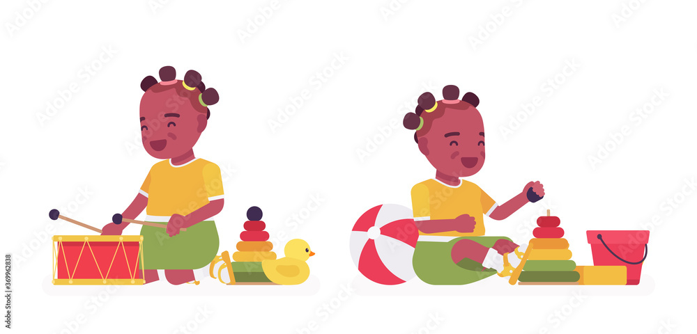 Obraz premium Toddler child, black little girl enjoying play with toys. Cute sweet happy healthy baby aged 12 to 36 months, wearing comfortable summer outfits, kid clothes. Vector flat style cartoon illustration