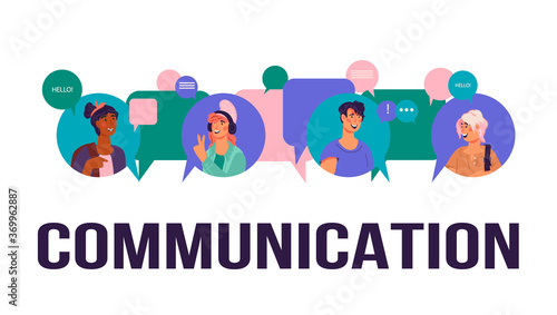 Communication and social network technology banner template with people avatars. Internet connection and communication flat vector illustration isolated.