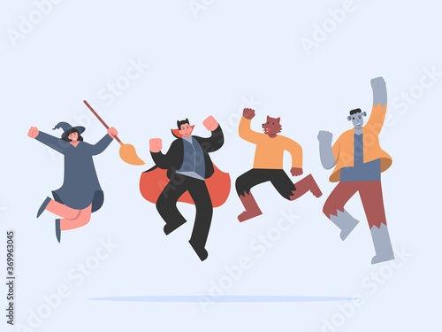 Dracula and witch and werewolf and Frankenstein jumping with cheerful. Concept illustration about fancy character of people jumping in Halloween theme party.