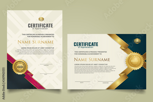 set certificate template with ribbon stripes ornament and modern texture pattern background. Diploma. Vector illustration