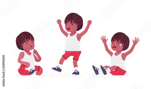Toddler child, black little boy expressing different emotions. Cute sweet healthy baby aged 12 to 36 months, wearing comfortable summer outfits, kid clothes. Vector flat style cartoon illustration