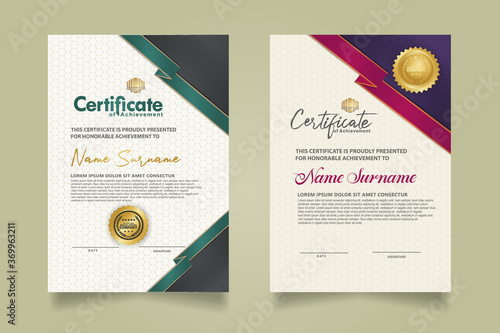 set certificate template with ribbon stripes ornament and modern texture pattern background. Diploma. Vector illustration