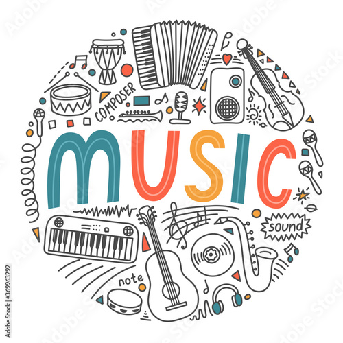 Music. School subjects. Hand drawn doodles and lettering on white background. Education vector illustration.