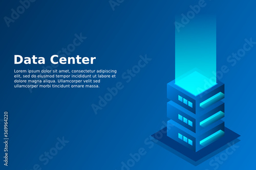 Datacenter isometric vector illustration. Abstract 3d hosting server or data center room background. Network or mainframe infrastructure website header layout. Computer storage or farming workstation.