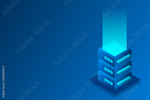 Datacenter isometric vector illustration. Abstract 3d hosting server or data center room background. Network or mainframe infrastructure website header layout. Computer storage or farming workstation.