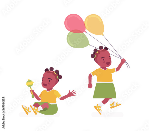Toddler child, black little girl enjoying playing with rattle toy, balloons. Cute sweet happy healthy baby aged 12 to 36 months, wearing comfortable kid clothes. Vector flat style cartoon illustration