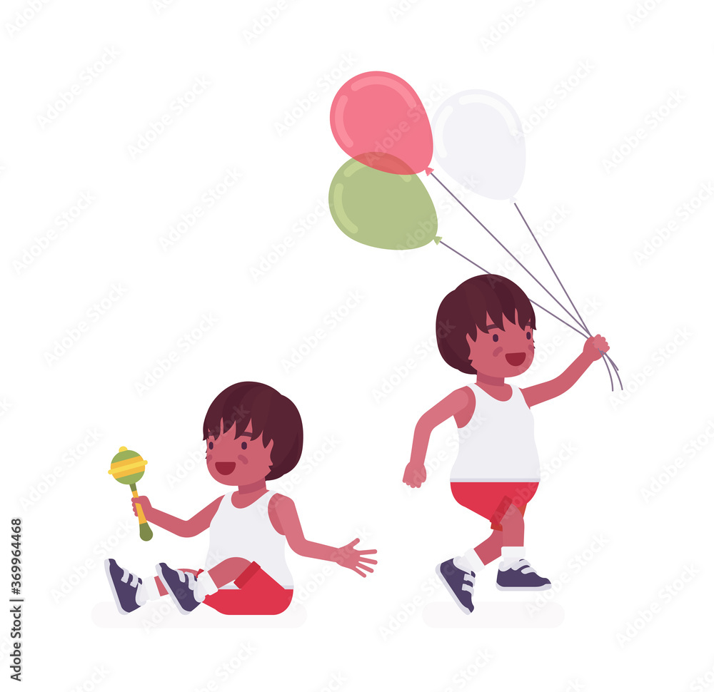 Toddler child, black little boy enjoying playing with rattle toy, balloons. Cute sweet happy healthy baby aged 12 to 36 months, wearing comfortable kid clothes. Vector flat style cartoon illustration Toddler child, black little boy enjoying playing with rattle toy, balloons. Cute sweet happy healthy baby aged 12 to 36 months, wearing comfortable kid clothes. Vector flat style cartoon illustration