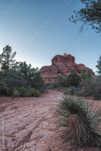 A view of Bell Rock in Sedona from the Bell Rock Pathway as the sun sets on the West