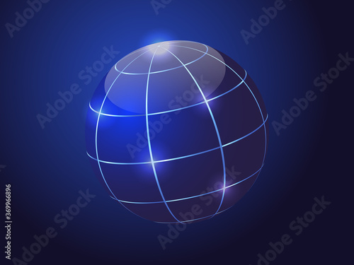 Geographic background with globe, meridians and luminous points. Vector graphics on a dark blue background.