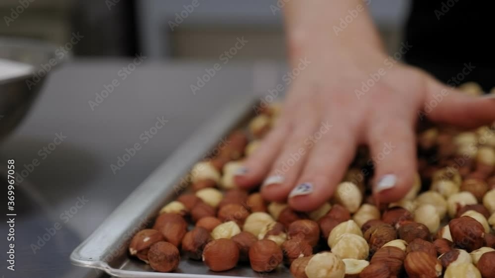 Close-up of a chef's hand with a lot of hazelnuts on a table in a professional pastry kitchen. Close-up of hazelnuts on the table, the girl lays them out with her hands in a baking dish. Close-up of a chef's hand with a lot of hazelnuts on a table in a professional pastry kitchen. Close-up of hazelnuts on the table, the girl lays them out with her hands in a baking dish.