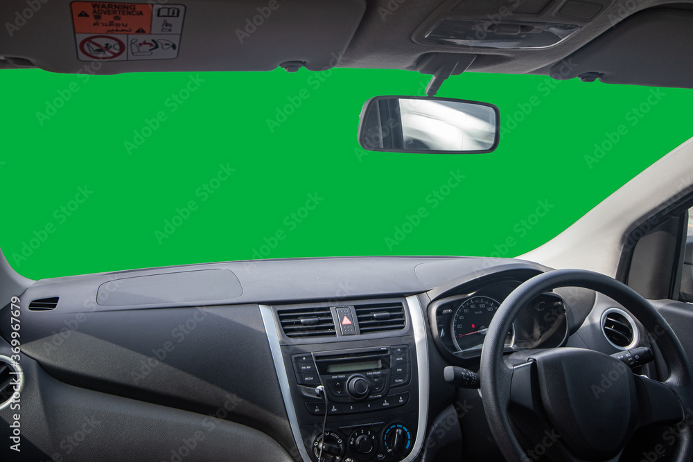 Car console and equipment inside the car, Green screen background in Small car Interior. Stock