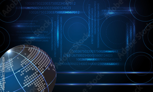 Vector digital business geographic background with globe image with world map and meridians on dark blue background. 