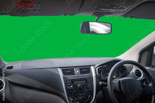 Car console and equipment inside the car, Green screen background in Small car Interior. photo