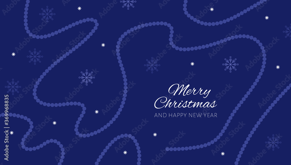 Obraz premium Christmas and New Year poster with beads and snowflakes on dark blue background. Vector illustration.