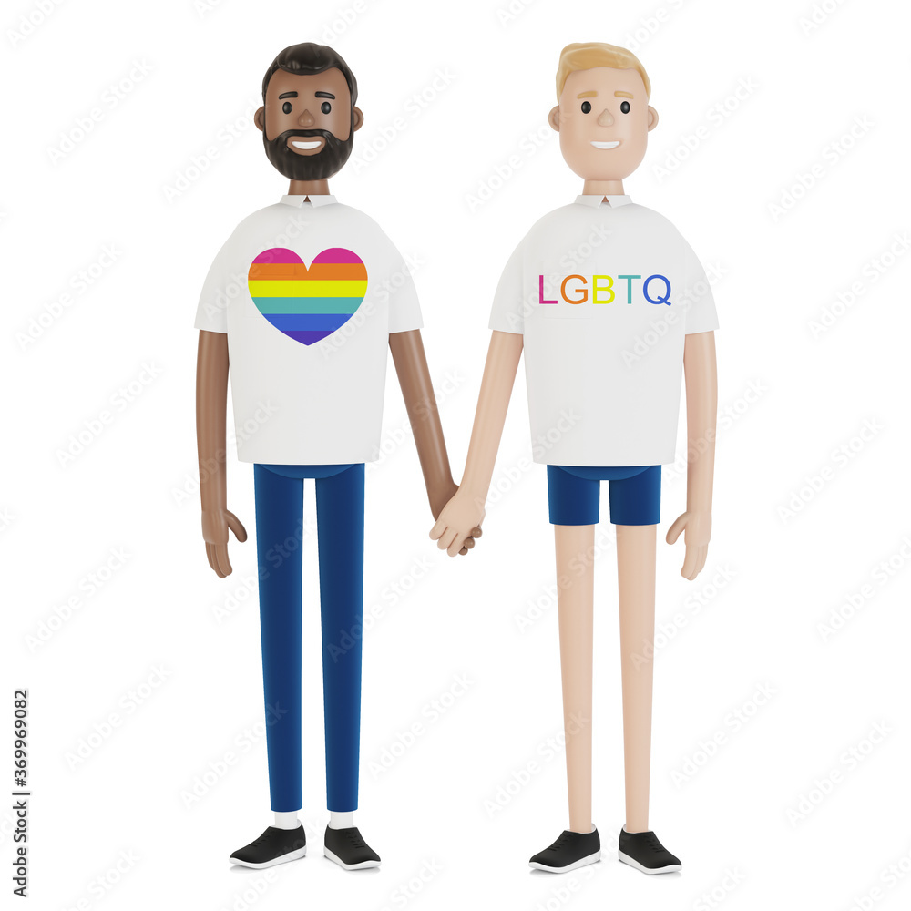 Two men in LGBT T-shirts are holding hands. LGBT community. 3D illustration in cartoon style.