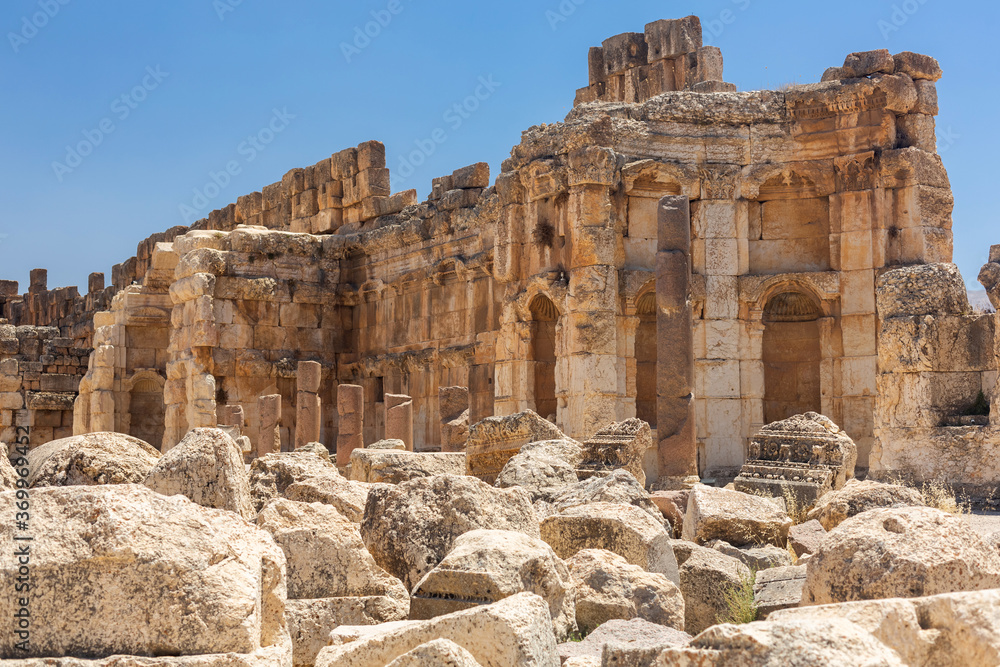 Baalbek temple complex in Lebanon. Massive Roman ruins. Impressive columns and stone walls