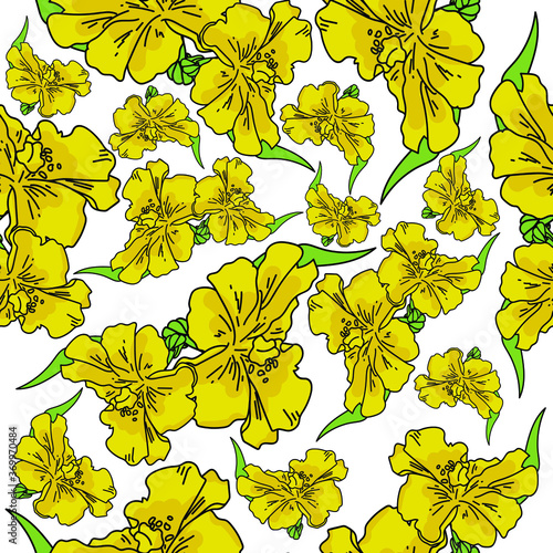 Yellow flower  with green leaf seamless pattern, colorful art on a white background, vector illustration