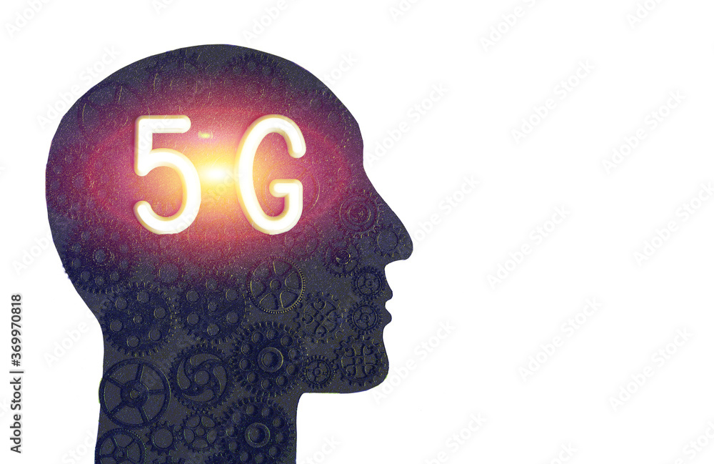 Logo of 5G networks in the silhouette of a human head on the background of gears. Concept of progress. Logo of 5G networks in the silhouette of a human head on the background of gears. Concept of progress.