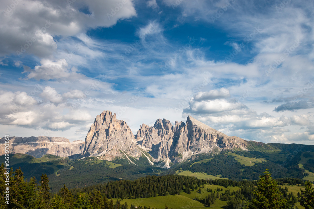 Alpe di Siusi - Seiser Alm with Sassolungo - Langkofel mountain group in front of blue sky with clouds Alpe di Siusi - Seiser Alm with Sassolungo - Langkofel mountain group in front of blue sky with clouds