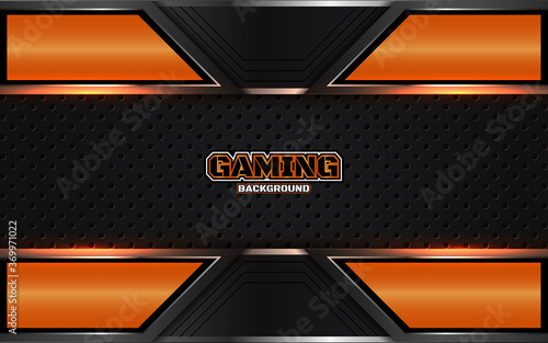 Abstract futuristic black and orange gaming background with modern esport shapes. Vector design template technology concept can use element game banner, sport poster, cyber wallpaper, web streaming