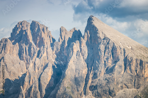 Close-up of Sasso Piatto – Plattkofel mountain peak in summer . photo