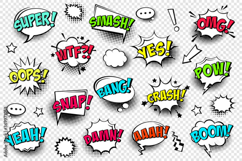 Comic speech bubbles with halftone shadow and text phrase. Vector hand drawn retro cartoon stickers. Pop art style.