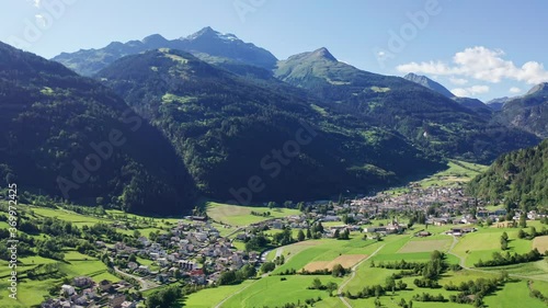 Aerial 4K - Switzerland, Poschiavo Valley, view of the town
