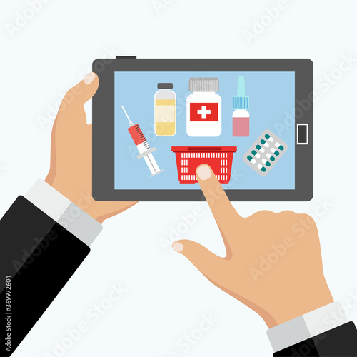 Ordering medicines online. Hand holding smartphone with medical app.