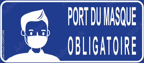 affiche pour le port du masque obligatoire en blanc avec un être humain portant un masque sur un fond bleu 