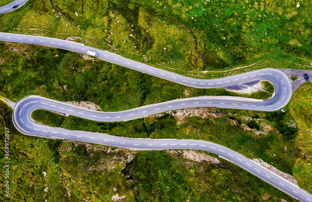 Oberalp pass serpentine mountain road in swiss Alps, Switzerland