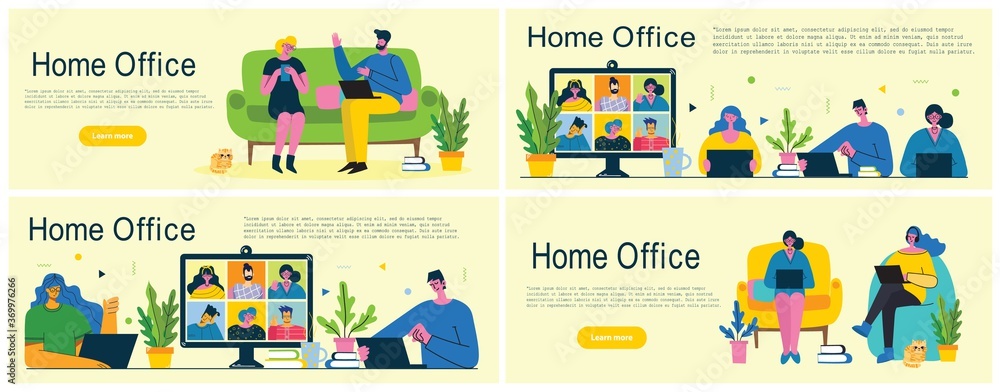 People at home in quarantine. Working at home, coworking space, Webinar, video conference concept vector flat style illustration